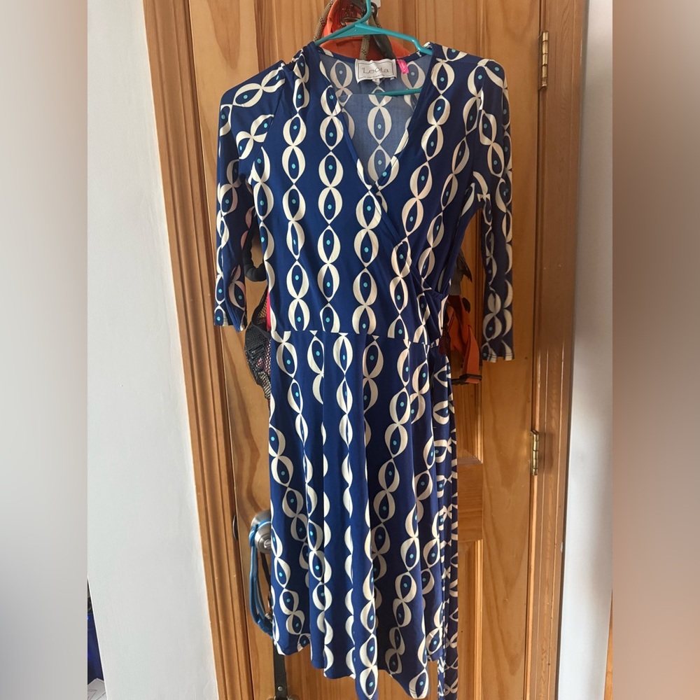 Leota Navy and White Geometric Midi Dress